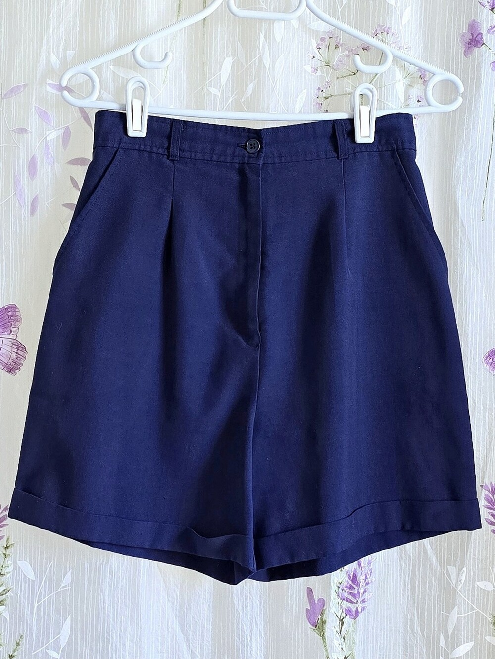1980s Vintage Shorts 80s Bermuda Navy Blue XS High Waisted Pleated Sporty Play
